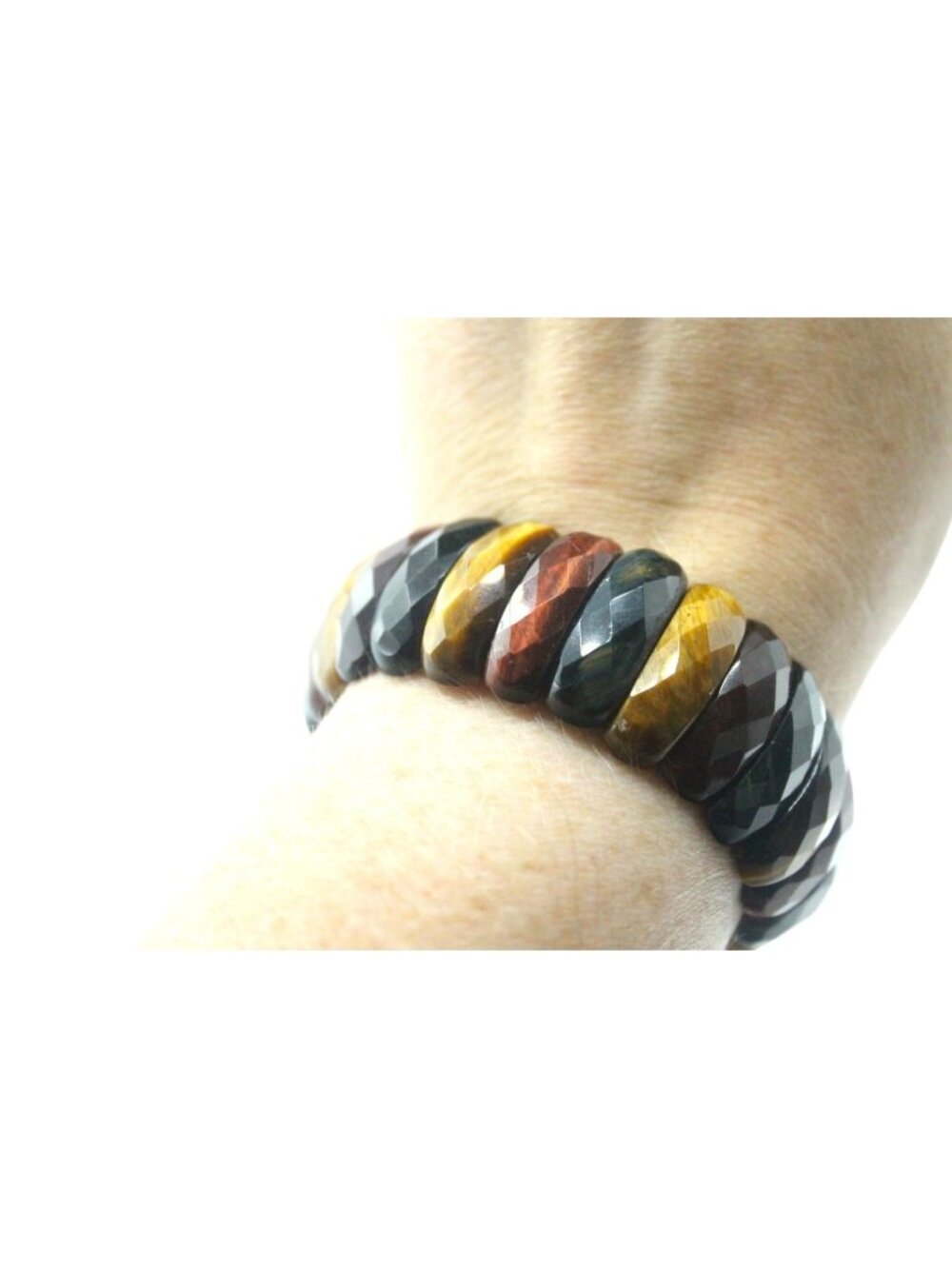 Large Multicolor Faceted Tiger’s Eye Stretch Bangle Bracelet Statement Chunky
